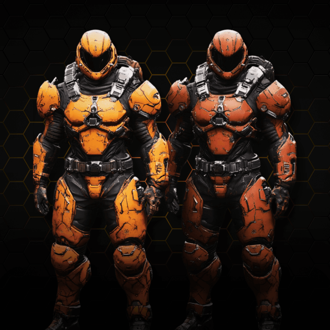 Two futuristic armored characters in orange suits against a dark hexagonal background.