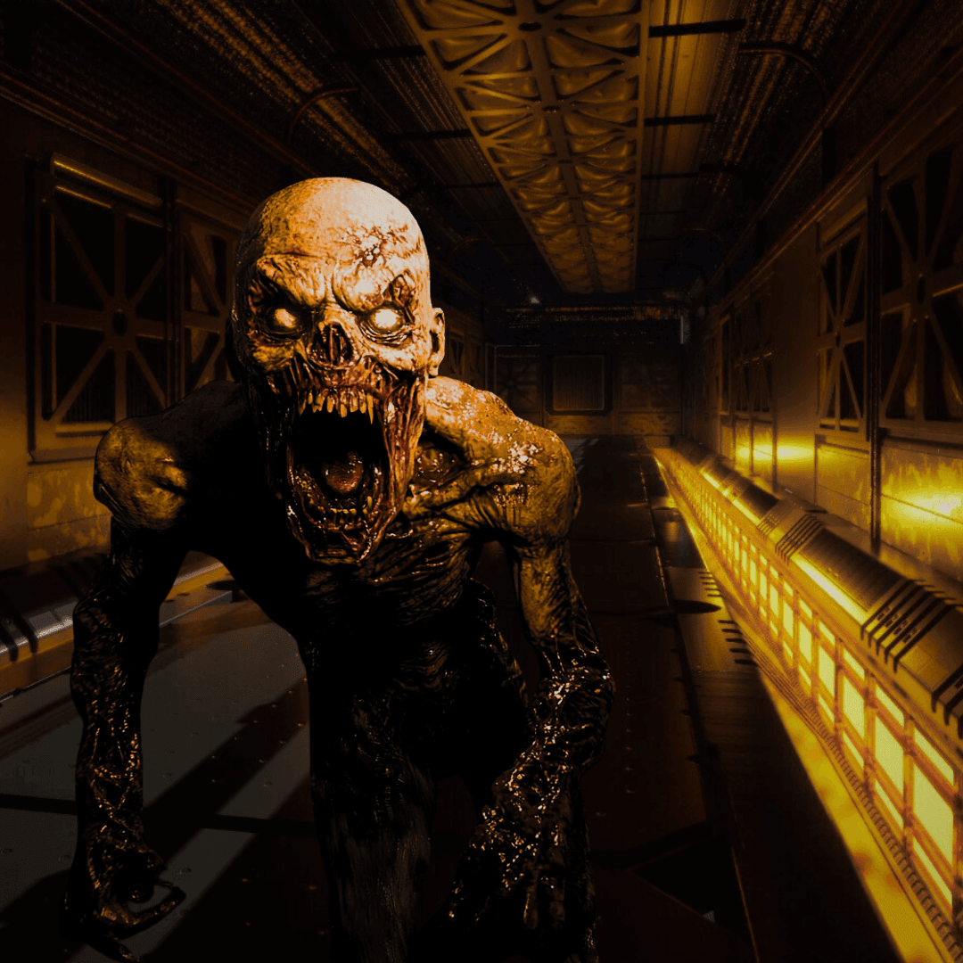 Terrifying zombie creature with glowing eyes and open mouth in a dimly lit, futuristic corridor.