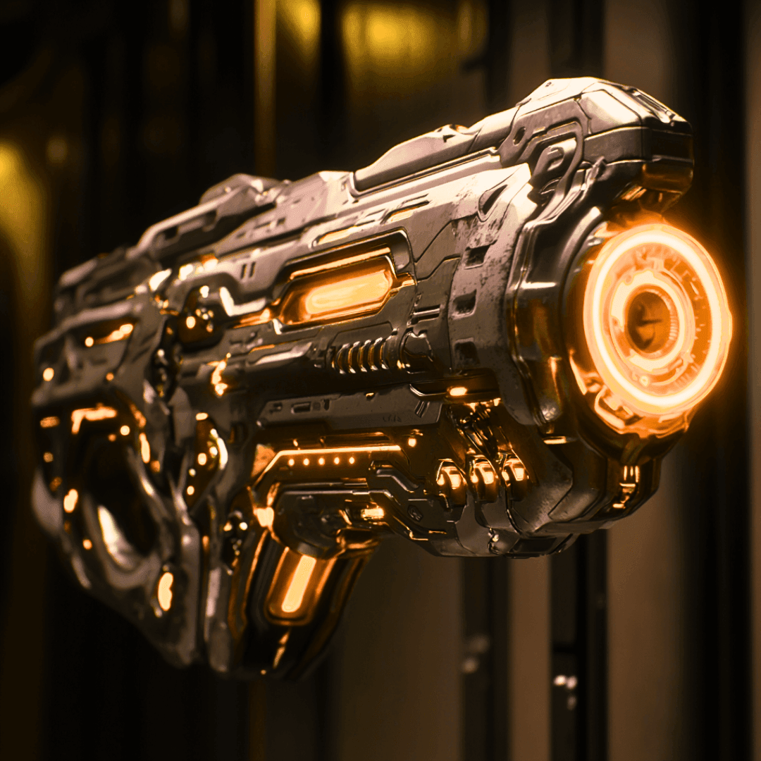 Futuristic sci-fi weapon with glowing orange accents and intricate metallic design.