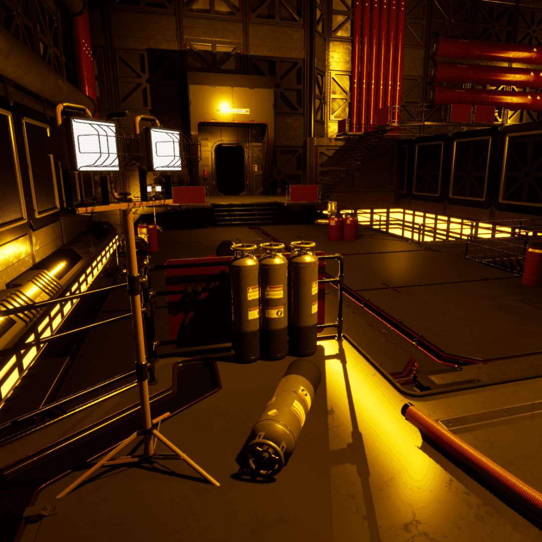 Industrial room with yellow lighting, gas cylinders, and metal platforms.