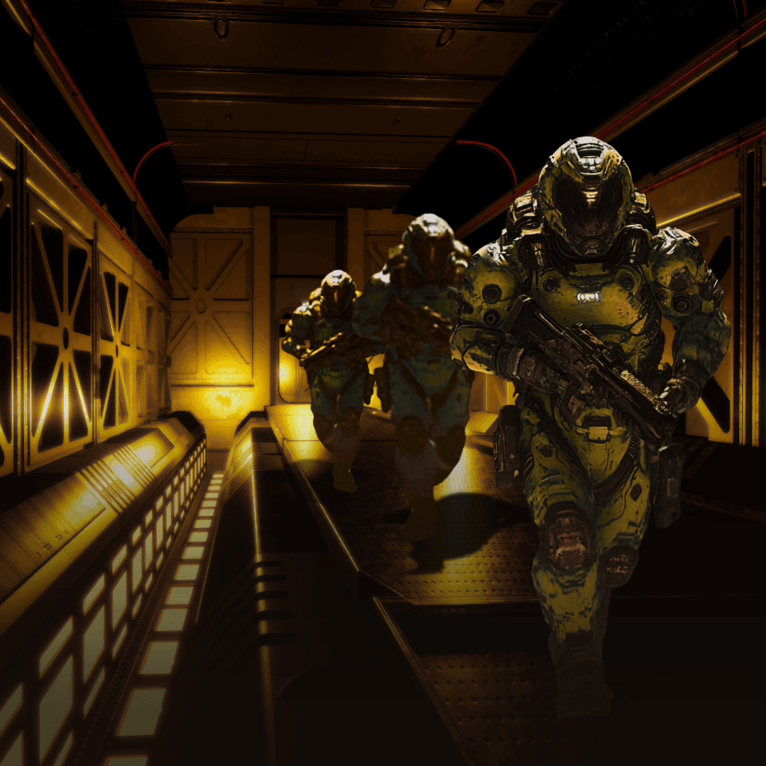 Three armored soldiers with weapons running down a dimly lit industrial corridor illuminated by yellow lights.