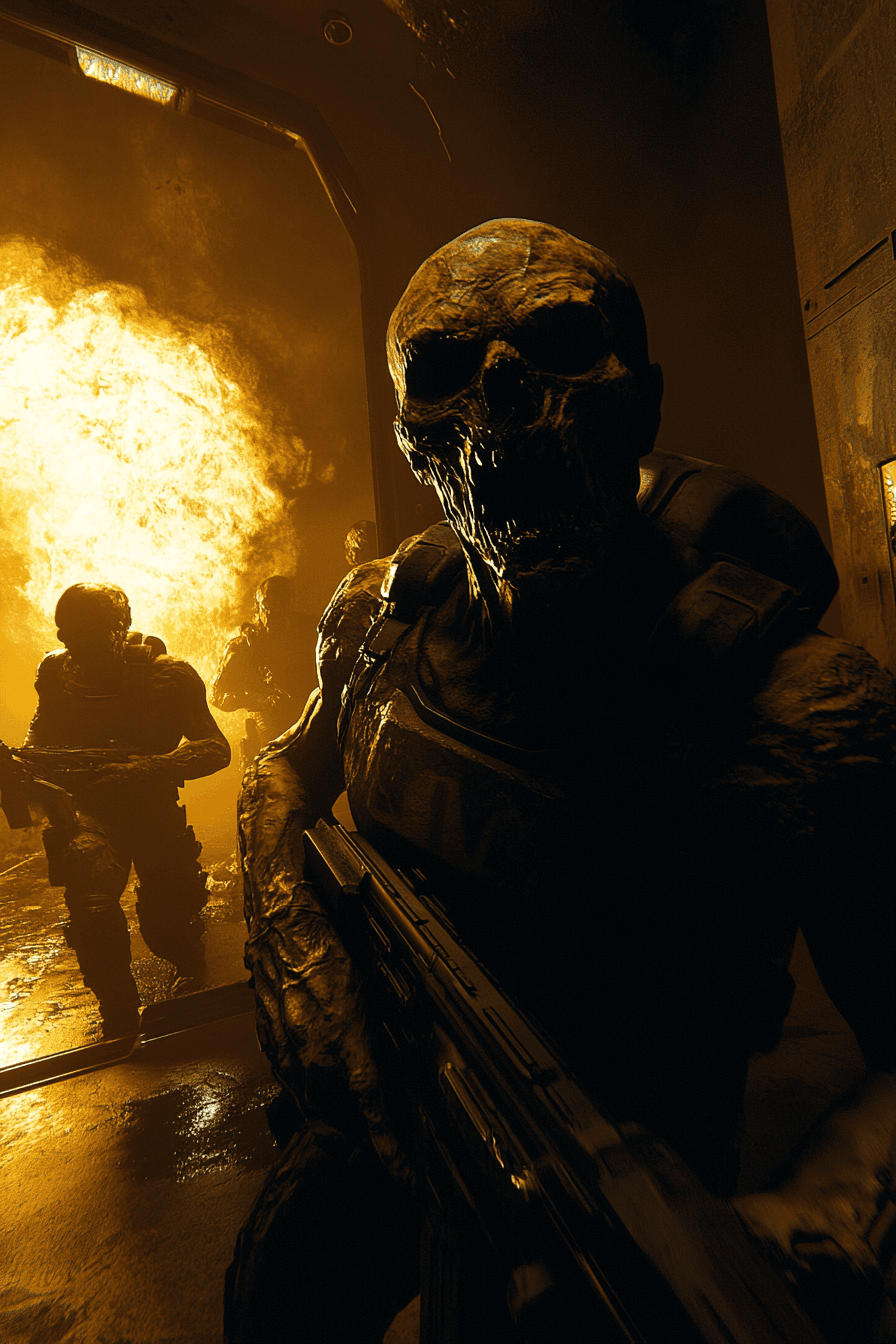 Intense scene of armed skeletal figures in a dark corridor with fiery explosion in the background.